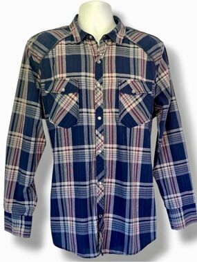 INC International Concepts Shirt Men XL Blue Plaid Snap Button Western L/S